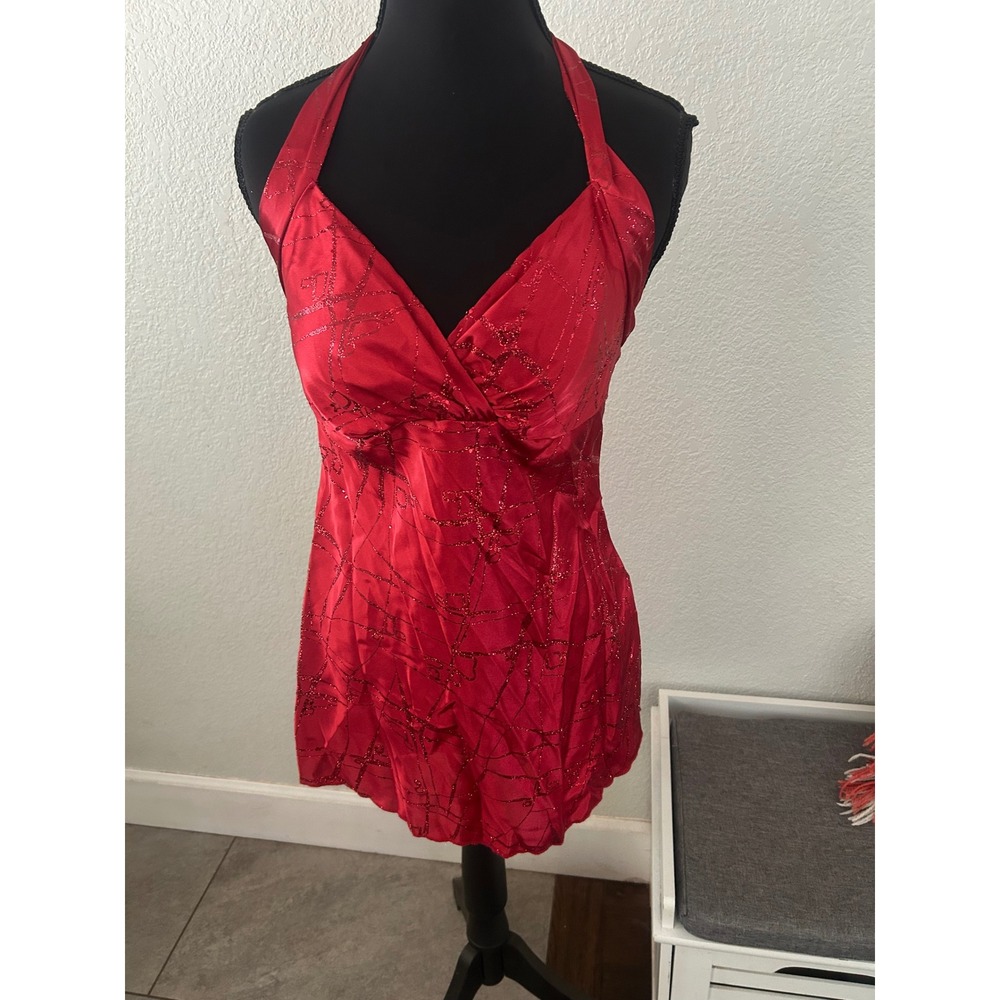 Y2K Purple Holic Red Satin Glitter Abstract Halter babydoll Top V-Neck Size M
